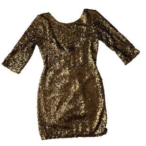 Alberto Makali NWT Gold Sequin Scoop Back Dress Mini Cocktail Party 3/4 Sleeve M